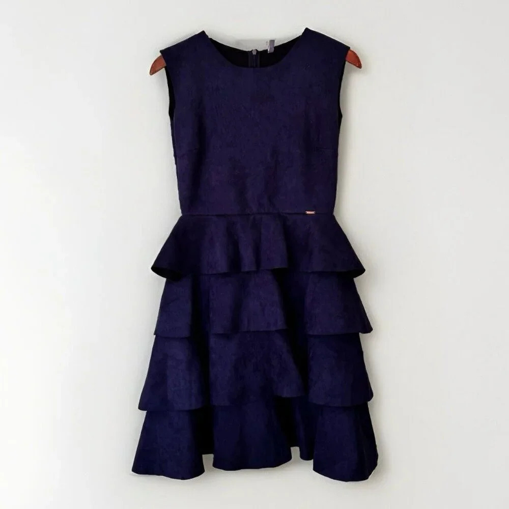 Boom Womens Dress Size Large Navy Suede Zip Closure Tiered Peplum